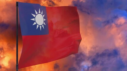Taiwan flag on pole with sky background seamless loop 3d animation