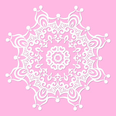 Mandala, lace paper doily, embossed pattern, 3D, round element. Paper cut out design, laser cut template. Vintage lace doily with border. Floral round napkin for your design.	