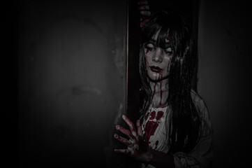 Portrait of asian woman make up ghost,Scary horror scene for background,Halloween festival...
