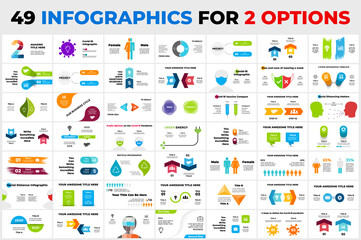 Fototapeta na wymiar 49 Infographics for 2 steps, options. Arrows elements, timelines. Presentation slide templates. Marketing or business, medicine and ecology. Circle chart diagrams. Covid-19 pandemic.