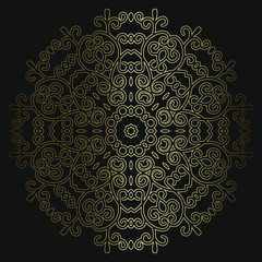 Luxury ornamental mandala design gold color on black background. Design template for coffee; book, tea; business card. Isolated ornament. Vector Illustration.	