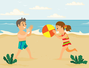 Obraz na płótnie Canvas Children are throwing ball to each other on beach. Boy with girl playing volleyball on ocean. Cartoon characters doing sports in summer. Kids are having fun at sandy beach resort near sea together
