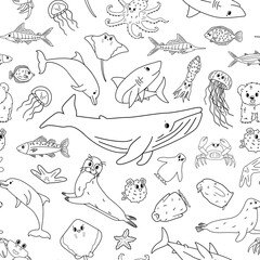 Black white seamless vector pattern of cartoon outline isolated sea ocean animals. Whale, dolphin, shark, stingray, jellyfish, fish, stars, crab, king Penguin chick, octopus, fur seal, polar bear.