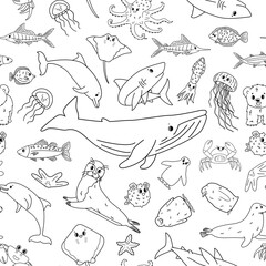 Obraz premium Black white seamless vector pattern of cartoon outline isolated sea ocean animals. Whale, dolphin, shark, stingray, jellyfish, fish, stars, crab, king Penguin chick, octopus, fur seal, polar bear.