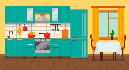 Kitchen interior with furniture and stove, cupboard, dishes, fridge, and utensils. Table with chairs. Flat cartoon-style vector illustration.