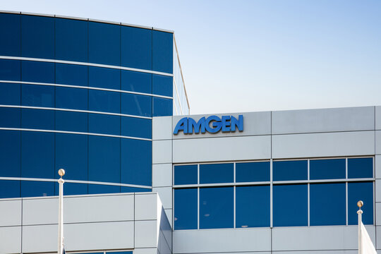 South San Francisco, CA, USA - February 24, 2021: Close up of Amgen corporate office, an biopharmaceutical company headquartered in Thousand Oaks, California.