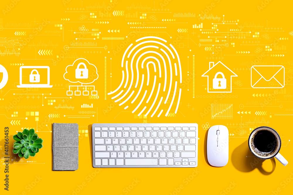 Poster fingerprint scanning theme with a computer keyboard and a mouse