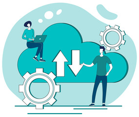 Cloud storage of data.Symbols for storing and processing virtual data.People on the background of the cloud symbol.Flat vector illustration.