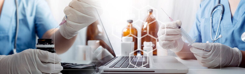 Medical technology concept The doctor works with mobile phones, headphones and tablets. Digital laptop in the modern office at the hospital in the morning