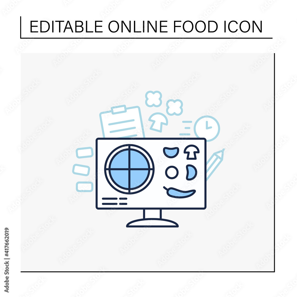 Poster pizza constructor line icon. application helps create perfect pizza. online shopping. click-and-coll