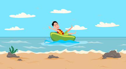 Man is riding rubber boat on ocean. Guy is having fun and spending time at beach resort. Happy person is doing sports during summer time. Male character in life jacket is sitting on rubber boat