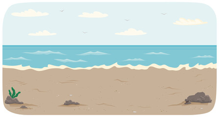 Polluted coastline with ocean and waves vector illustration. Seascape with salty water on seashore. Pollution of nature and environment. Water covers sandy beach with waves. Dirty ocean bank