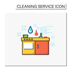 Kitchen cleaning color icon. Home cleanup. Wiping stove and tables. Mopping, dusting. Cleaning service concept. Isolated vector illustration
