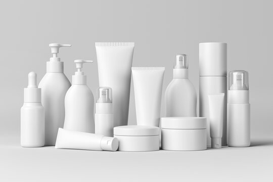 Set of cosmetic products, mock up Set, white color cosmetic products on white background. Blank white bottles, Squeeze tubes and containers. 3d rendering.