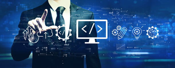 Web development concept with businessman on a dark blue background