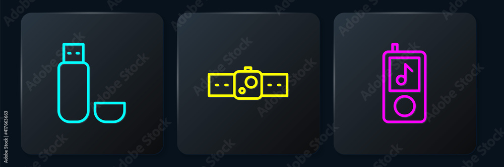 Poster set line usb flash drive, music player and smartwatch. black square button. vector.
