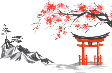 Japan traditional sumi-e painting. Fuji mountain, sakura, sunset. Japan sun. Indian ink vector illustration. Japanese picture.