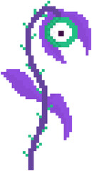 Cosmic plant vector illustration. Purple flower on long stem with eye. Unknown object for pixel game design layout. Element for game about space. Alien flower or plant isolated on white background