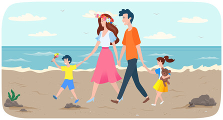 Family is walking on shore. People are spending time together on sandy beach. Parents and children walk by handle near ocean bank. Kids eating ice cream and playing with toys. Joint pastime at resort