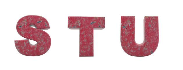 Alphabet of broken red wall. Letters S, T, U. Red antique font 3d render. Background remove in one click.