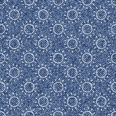 Jeans background with Sun. Denim seamless pattern. Blue jeans cloth
