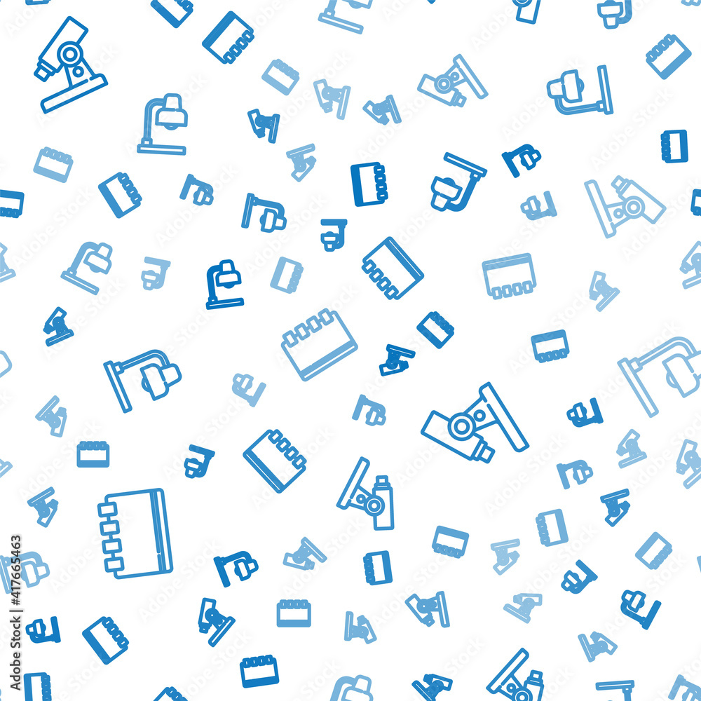 Aufkleber set line spiral notebook, microscope and table lamp on seamless pattern. vector.