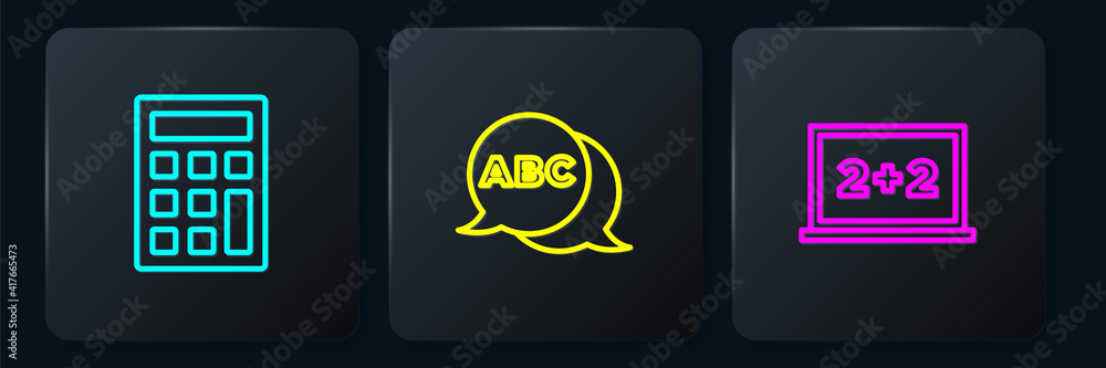 Poster set line calculator, chalkboard and alphabet. black square button. vector.