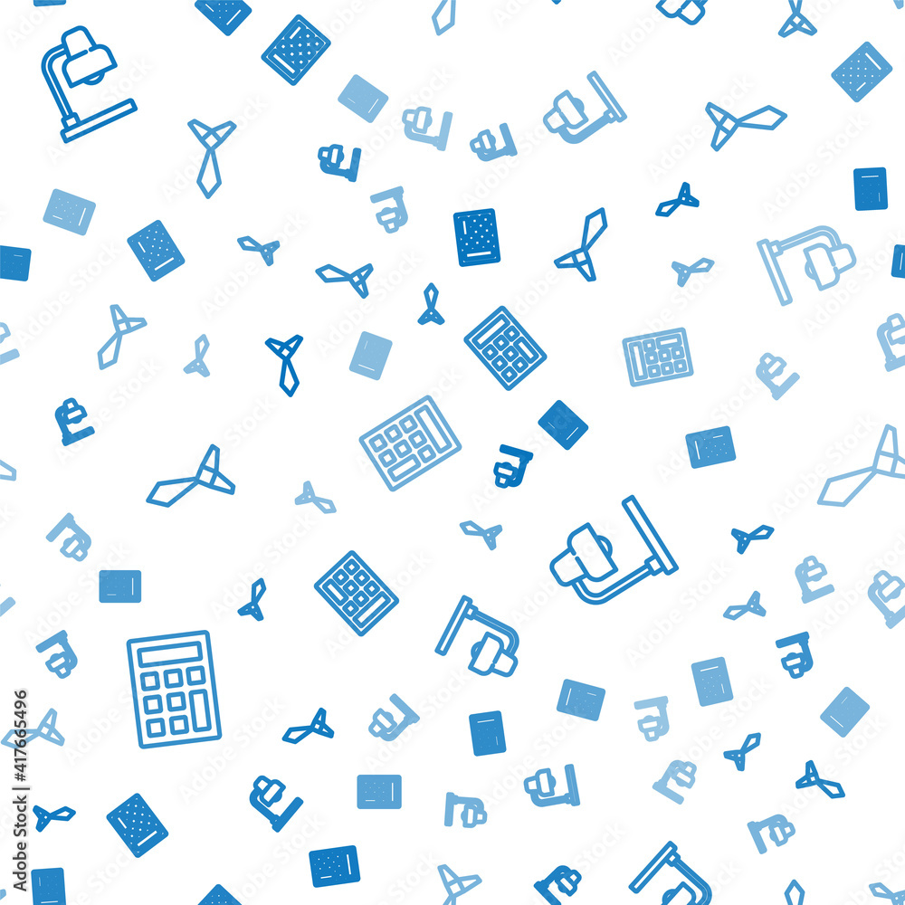 Aufkleber set line calculator, table lamp and tie on seamless pattern. vector.
