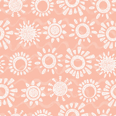Sun Vector Seamless pattern. Hand drawn doodle Different Suns. Pink Background for kids
