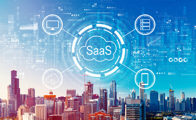 SaaS - software as a service concept with downtown Chicago cityscape skyscrapers