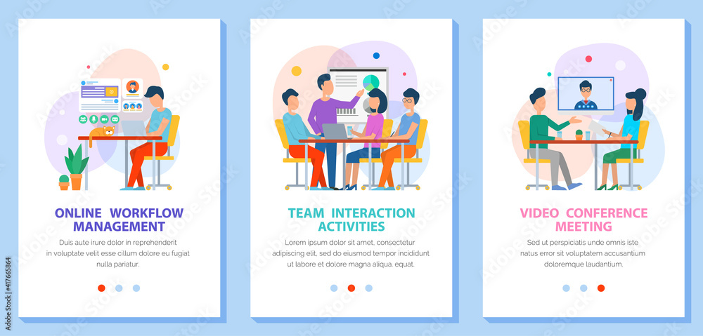 Poster a set of illustrations on the theme of a website for business planning, meetings and work. online wo