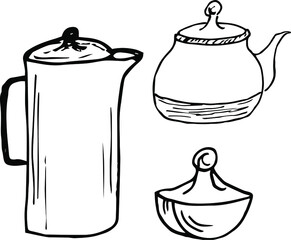 teapot and teacup japanese. vector illustration in doodle style