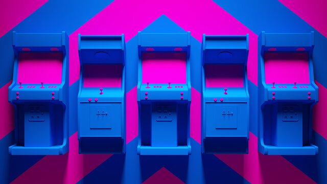 Blue Pink Arcade Machines with Pink an Blue Chevron Background 3d illustration render	
