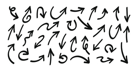 Hand draw arrow set.  Sign of arrow in doodle style. Handmade design.