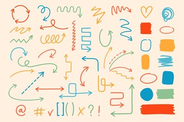 Set of various arrows, textures, patterns, backgrounds. Hand drawn, sketch style. Dots, lines, curves, text symbols.