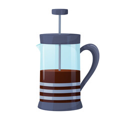 Cartoon french press with highlights. Vector illustration of a teapot for coffee isolated on white background
