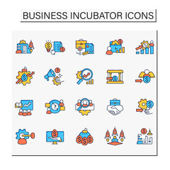 Business incubator color icons set. Consist of business plan icon, management of project, market research, angel investors etc.Isolated vector illustrations