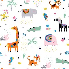 Seamless pattern with cute boho tropical animals. Creative nursery background. Perfect for kids design, fabric, wrapping, wallpaper, textile, apparel