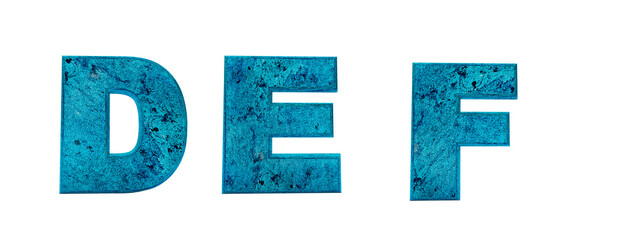 Blue stone. Letters D, E, F. Blue marble made in 3d render. One-click background removal.