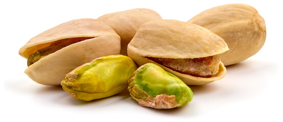 Pistachio nuts, isolated on white background. High resolution image