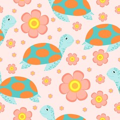 Seamless pattern. Turtle or tortoise. Cute and funny. Turquoise green and orange. Pink flower. Pink background. Sea animal. Nature and ecology. For post cards, wallpaper, textile or wrapping paper
