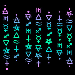 columns of magic colourful alchemical symbols on a black background