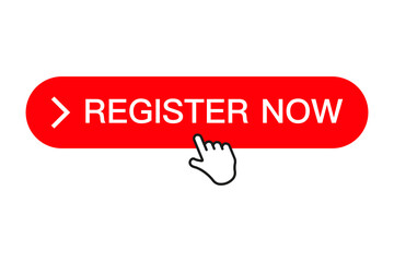 Clicking on the register now button, button with an arrow, registration for services. Sign up now banner, key, push button. Vector illustration with a click on a button and a cursor. - obrazy, fototapety, plakaty