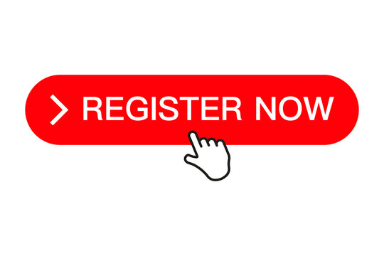 Clicking on the register now button, button with an arrow, registration for services. Sign up now banner, key, push button. Vector illustration with a click on a button and a cursor.
