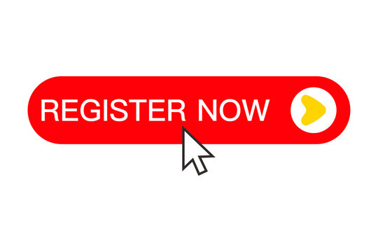 Clicking on the register now button, button with an arrow, registration for services. Sign up now banner, key, push button. Vector illustration with a click on a button and a cursor.