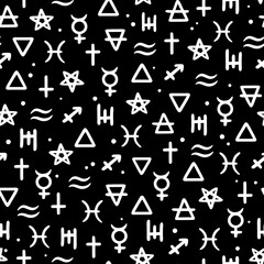 seamless pattern of white alchemical signs on a black background