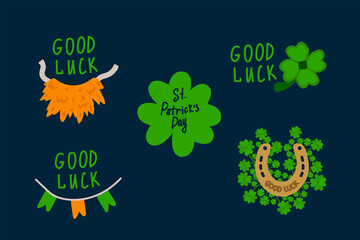 Good luck on Patrick's Day. A set of logos for the green festival. Illustrations of Clover, Horseshoe, red beard for a good day. Vector illustration