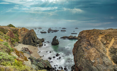 Fototapeta na wymiar Beautiful landscape, rocks and ocean views along the Pacific Highway in northern California.