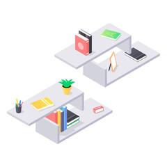 Books and chancellery on gray wooden bookshelf in isometric vector. Stacks of hard cover paper literature in shelf for education home or university interior. Rack with various home studying objects.
