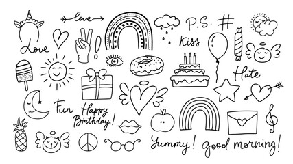 Cute doodles. Different hand drawn icons, design elements for holidays, party, messages, blog posts.
